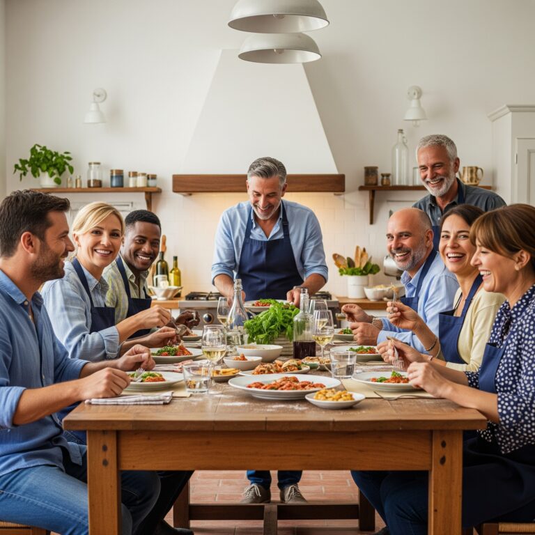 Group enjoying a homemade Italian meal together after a cooking class during a private Italy tour in Rome