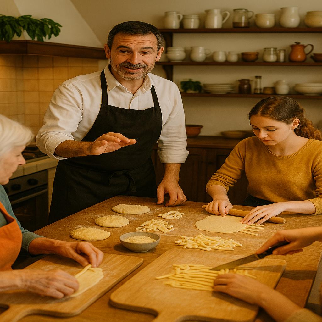 Smiling Italian chef toasting with a guest during a hands-on pasta making class in Rome