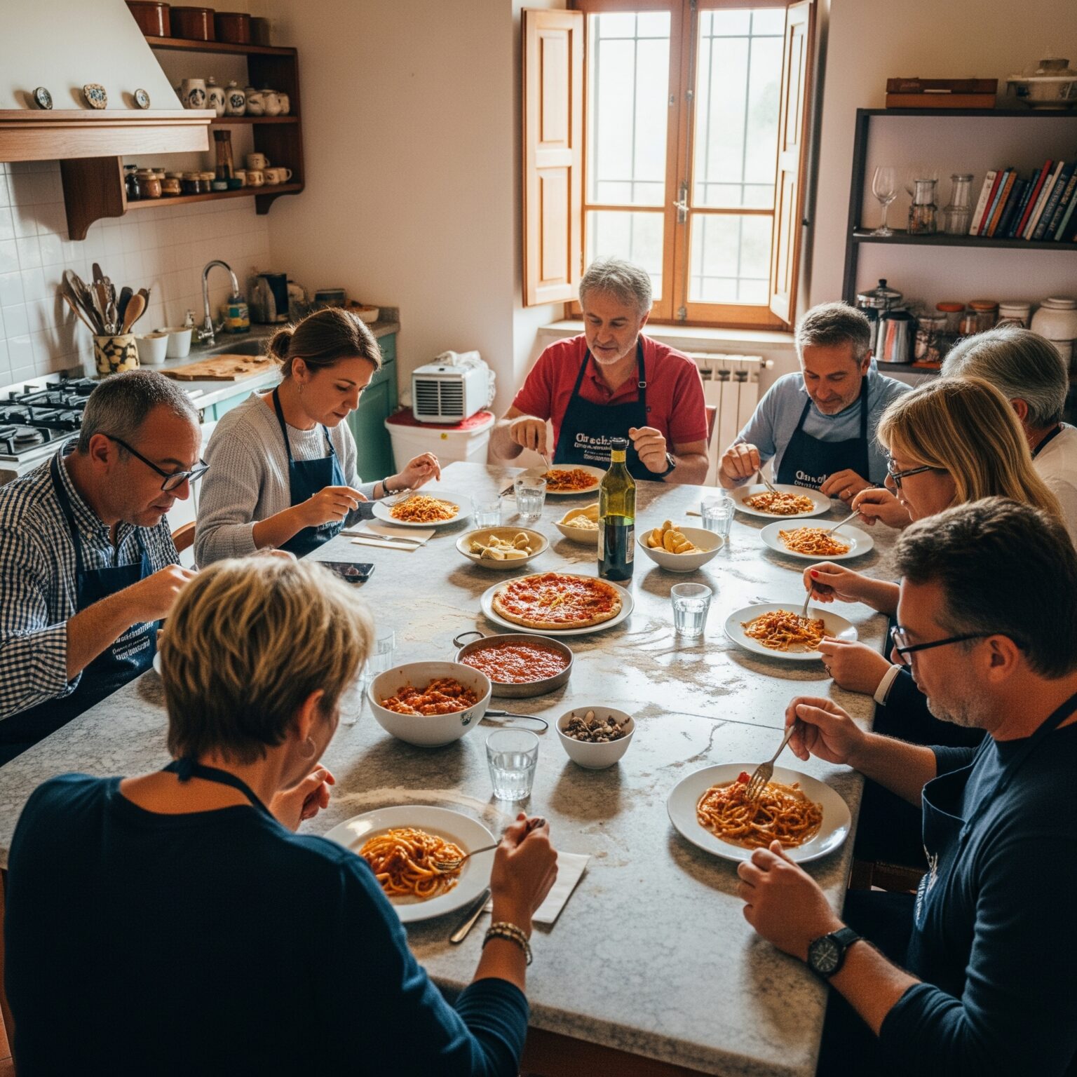 Group of friends enjoying pasta and wine around a shared table during a private Italy food tour in Rome