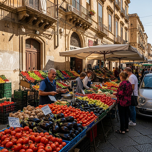 Outdoor farmers market in Sicily with fresh produce and local vendors